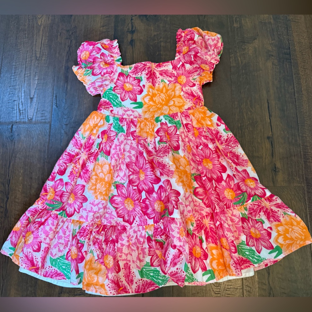 Girls Pink and Orange Floral Dress with ruffle puff sleeves | Size 6 |Never Worn